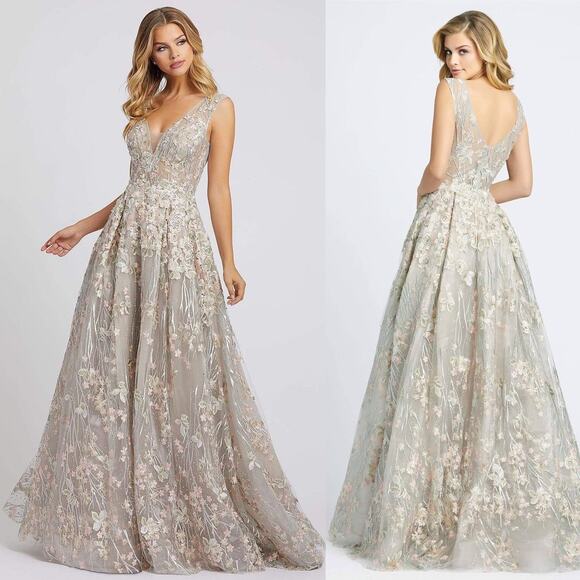 Mac Duggal Floral Embroidered V Neck Sparkle Ball Gown Women's Sz 2 NEW $798 - Picture 2 of 9